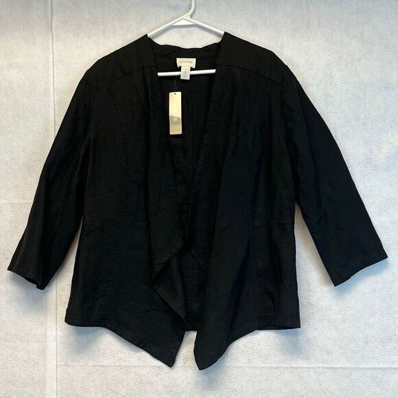 Chico's Jackets & Blazers - NWT CHICO'S Linen Jacket Size 2/Large Black Drape Open Front 3/4 Sleeve New